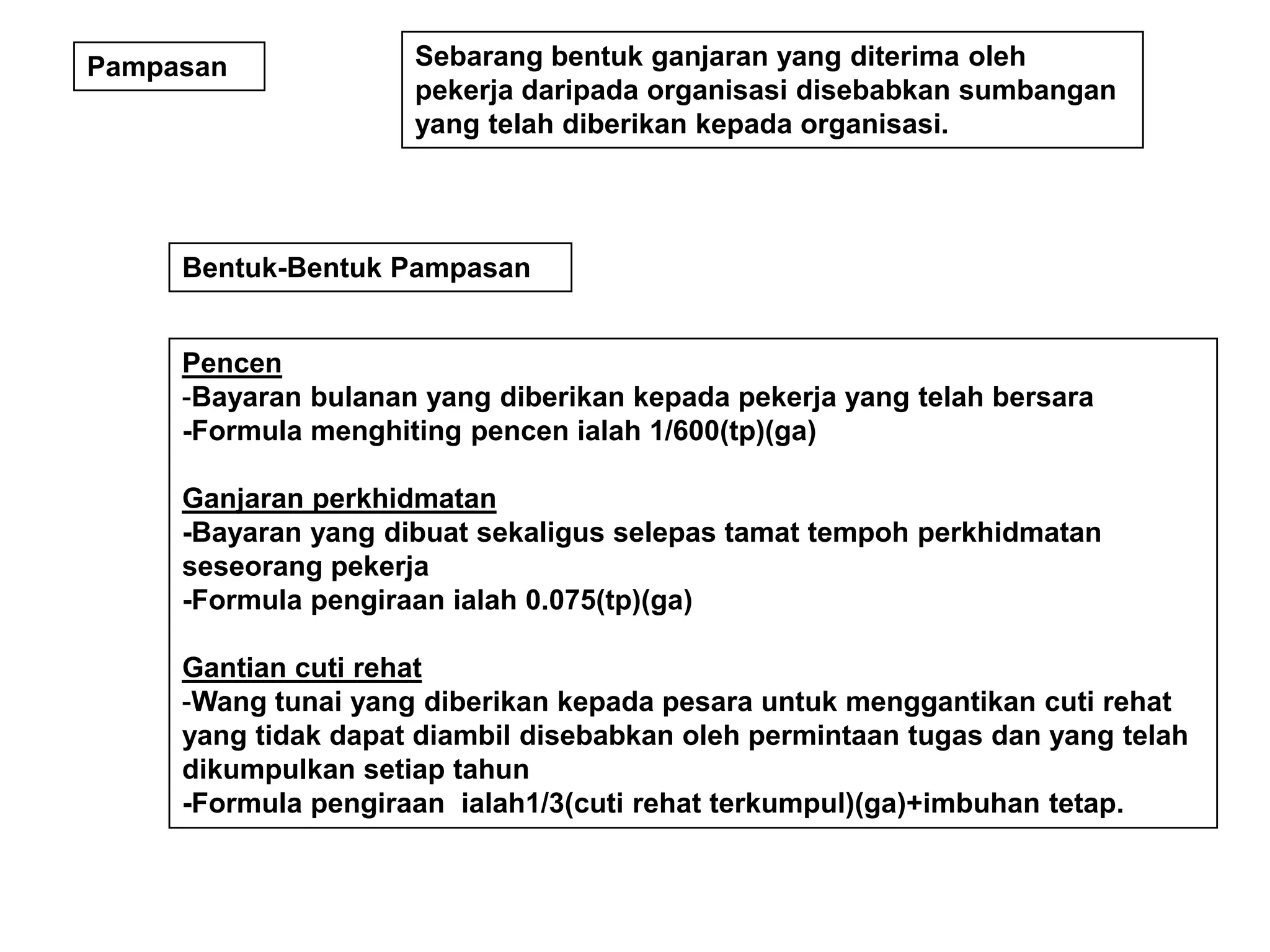 Pampasan             Sebarang bentuk ganjaran yang diterima oleh
                     pekerja daripada organisasi disebabkan sumbangan
                     yang telah diberikan kepada organisasi.




     Bentuk-Bentuk Pampasan


     Pencen
     -Bayaran bulanan yang diberikan kepada pekerja yang telah bersara
     -Formula menghiting pencen ialah 1/600(tp)(ga)

     Ganjaran perkhidmatan
     -Bayaran yang dibuat sekaligus selepas tamat tempoh perkhidmatan
     seseorang pekerja
     -Formula pengiraan ialah 0.075(tp)(ga)

     Gantian cuti rehat
     -Wang tunai yang diberikan kepada pesara untuk menggantikan cuti rehat
     yang tidak dapat diambil disebabkan oleh permintaan tugas dan yang telah
     dikumpulkan setiap tahun
     -Formula pengiraan ialah1/3(cuti rehat terkumpul)(ga)+imbuhan tetap.
 