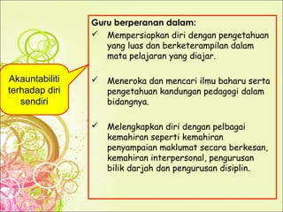 Guru berperanan dalam:
 Mempersiapkan diri dengan pengetahuan
yang luas dan berketerampilan dalam
mata pelajaran yang diajar.
 Meneroka dan mencari ilmu baharu serta
pengetahuan kandungan pedagogi dalam
bidangnya.
 Melengkapkan diri dengan pelbagai
kemahiran seperti kemahiran
penyampaian maklumat secara berkesan,
kemahiran interpersonal, pengurusan
bilik darjah dan pengurusan disiplin.
Akauntabiliti
terhadap diri
sendiri
 