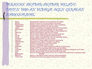 PERANAN AKHBAR-AKHBAR MELAYU
TAHUN 1930-AN SEBAGAI AGEN GERAKAN
NASIONALISME
   MAJU           Membangkitkan kesedaran untuk memejukan diri/bangsa
   KRITIK         Mengkritik dasar British yang menekan orang Melayu
   PENDIDIKAN     Menggesa supaya memajukan pendidikan tinggi orang Melayu
    PEREMPUAN     Menggalakkan pendidikan untuk anak perempuan
   SIKAP          Menyeru orang Melayu meninggalkan sikap memilih kerja/malas
   KEMAHIRAN      Mementingkan kemahiran pertukangan dan kerja tangan
   BI             Mengutamakan pendidikan bahasa Inggeris untuk kemajuan diri
   SEKOLAH        Meminta sekolah Melayu diberikan nilai ekonomi
   BM             Memartabatkan Bahasa Melayu dalam pentadbiran British
   ISLAM          Menyeru supaya tidak meninggalkan pendidikan Islam
   NILAI          Menyeru supaya mengekalkan nilai-nilai baik masyarakat Melayu
   SYARIKAT       Menggalakkan penubuhan syarikat bersama
   DAGANG         Meminta British mengurangkan kemasukan orang dagang
   PERNIAGAAN     Menggalakkan perniagaan di kalangan orang Melayu
   TANAH          Melarang orang Melayu menjual tanah mereka
   JIMAT          Menyeru orang Melayu berjimat cermat
   KAMPUNG        Meminta orang British adakan kampung khas Melayu di Kuala Lumpur
   RAJA           Mengkritik British yang mengurangkan kuasa raja-raja Melayu
   LAKSANA        Mengkritik raja dan pembesar yang tidak melaksanakan kepimpinan sewajarnya untuk rakyat
   PILIH          Menolak dasar pilih kasih British dalam pentadbiran kerajaan
   MAS            Menuntut diadakan Malay Administrative Service (MAS) untuk melindungi orang Melayu dalam
   perkhidmatan                  kerajaan
   BERSATU        Menyeru orang Melayu bersatu dalam pertubuhan kebangsaan
   TUNTUTAN       Menentang tuntutan orang dagang terhadap politik tempatan
 