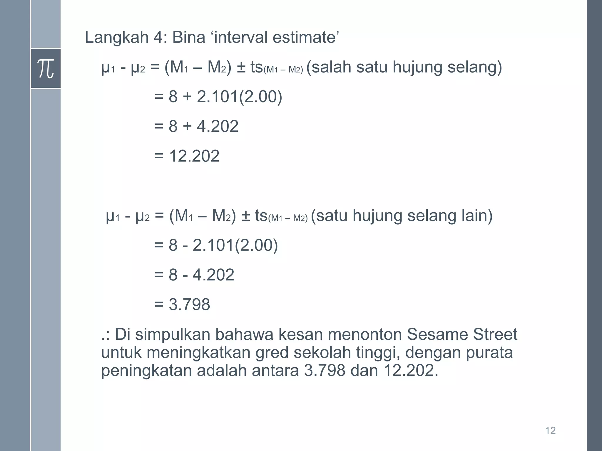 Langkah 4: Bina ‘interval estimate’
µ1 - µ2 = (M1 – M2) ± ts(M1 – M2) (salah satu hujung selang)
= 8 + 2.101(2.00)
= 8 + 4.202
= 12.202
µ1 - µ2 = (M1 – M2) ± ts(M1 – M2) (satu hujung selang lain)
= 8 - 2.101(2.00)
= 8 - 4.202
= 3.798
.: Di simpulkan bahawa kesan menonton Sesame Street
untuk meningkatkan gred sekolah tinggi, dengan purata
peningkatan adalah antara 3.798 dan 12.202.

12

 