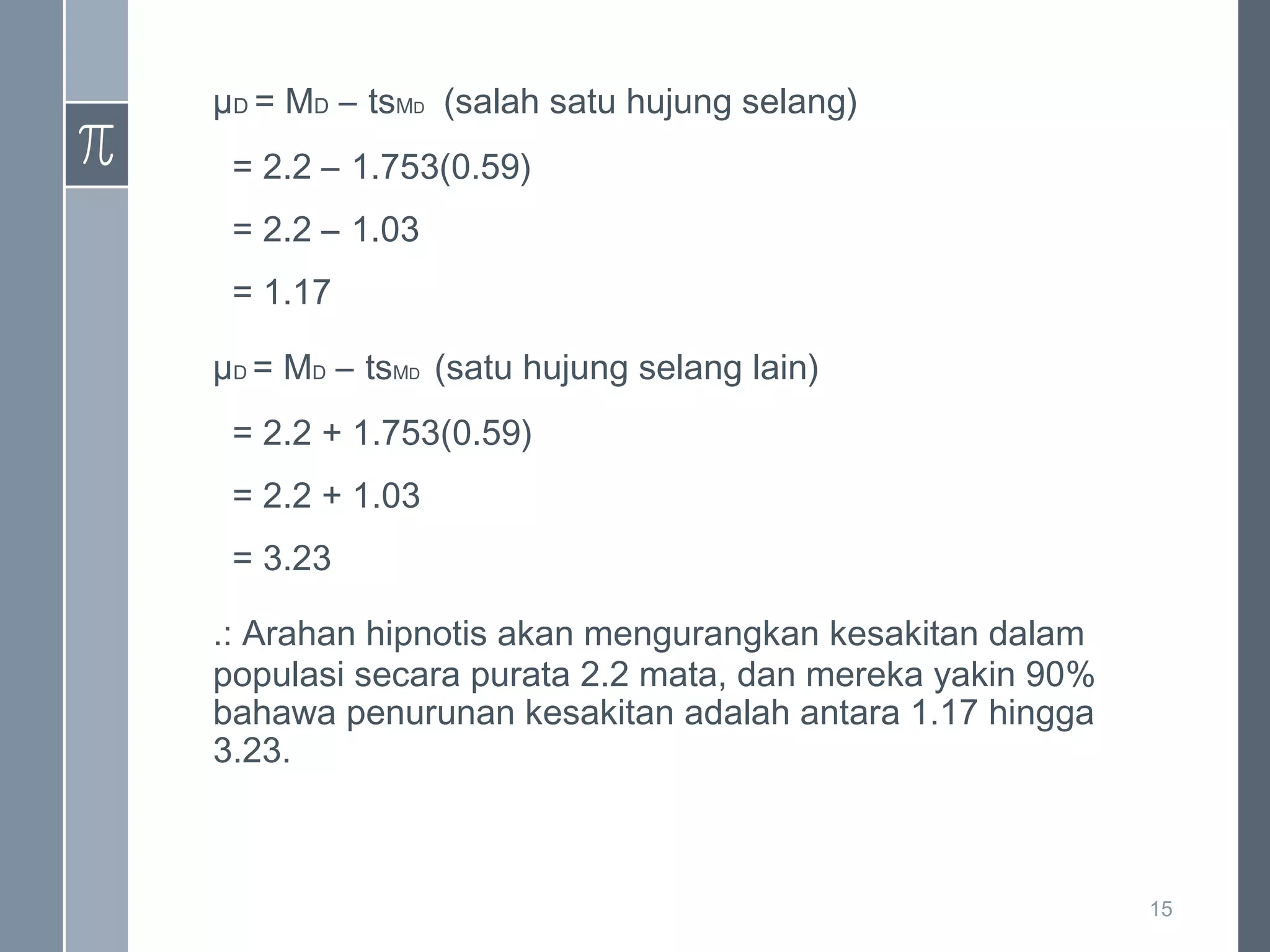 µD = MD – tsMD (salah satu hujung selang)
= 2.2 – 1.753(0.59)
= 2.2 – 1.03
= 1.17
µD = MD – tsMD (satu hujung selang lain)
= 2.2 + 1.753(0.59)
= 2.2 + 1.03
= 3.23
.: Arahan hipnotis akan mengurangkan kesakitan dalam
populasi secara purata 2.2 mata, dan mereka yakin 90%
bahawa penurunan kesakitan adalah antara 1.17 hingga
3.23.

15

 
