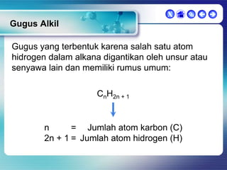 X

  

Gugus Alkil
Gugus yang terbentuk karena salah satu atom
hidrogen dalam alkana digantikan oleh unsur atau
senyawa lain dan memiliki rumus umum:
CnH2n + 1

n
= Jumlah atom karbon (C)
2n + 1 = Jumlah atom hidrogen (H)

 