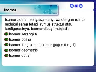 X



Isomer
Isomer adalah senyawa-senyawa dengan rumus
molekul sama tetapi rumus struktur atau
konfigurasinya. Isomer dibagi menjadi:
Isomer kerangka
Isomer posisi
Isomer fungsional (isomer gugus fungsi)
Isomer geometris
Isomer optis

 