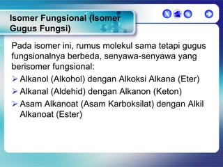 Isomer Fungsional (Isomer
Gugus Fungsi)

X





Pada isomer ini, rumus molekul sama tetapi gugus
fungsionalnya berbeda, senyawa-senyawa yang
berisomer fungsional:
 Alkanol (Alkohol) dengan Alkoksi Alkana (Eter)
 Alkanal (Aldehid) dengan Alkanon (Keton)
 Asam Alkanoat (Asam Karboksilat) dengan Alkil
Alkanoat (Ester)

 