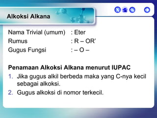 X





Alkoksi Alkana
Nama Trivial (umum) : Eter
Rumus
: R – OR’
Gugus Fungsi
:–O–

Penamaan Alkoksi Alkana menurut IUPAC
1. Jika gugus alkil berbeda maka yang C-nya kecil
sebagai alkoksi.
2. Gugus alkoksi di nomor terkecil.

 