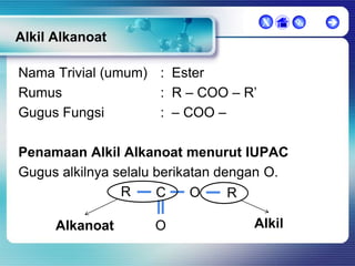 X

Alkil Alkanoat
Nama Trivial (umum) : Ester
Rumus
: R – COO – R’
Gugus Fungsi
: – COO –

Penamaan Alkil Alkanoat menurut IUPAC
Gugus alkilnya selalu berikatan dengan O.
R
C
O
R
Alkanoat

O

Alkil





 