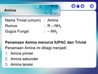 X



Amina
Nama Trivial (umum) : Amina
Rumus
: R – NH2
Gugus Fungsi
: – NH2

Penamaan Amina menurut IUPAC dan Trivial
Penamaan Amina ini dibagi menjadi:
1. Amina primer
2. Amina sekunder
3. Amina tersier



 