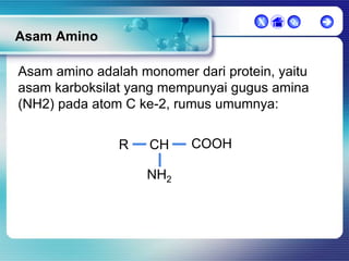X



Asam Amino
Asam amino adalah monomer dari protein, yaitu
asam karboksilat yang mempunyai gugus amina
(NH2) pada atom C ke-2, rumus umumnya:
R

CH
NH2

COOH



 