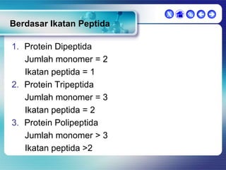 X

Berdasar Ikatan Peptida
1. Protein Dipeptida
Jumlah monomer = 2
Ikatan peptida = 1
2. Protein Tripeptida
Jumlah monomer = 3
Ikatan peptida = 2
3. Protein Polipeptida
Jumlah monomer > 3
Ikatan peptida >2

  

 