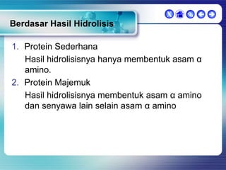X

  

Berdasar Hasil Hidrolisis
1. Protein Sederhana
Hasil hidrolisisnya hanya membentuk asam α
amino.
2. Protein Majemuk
Hasil hidrolisisnya membentuk asam α amino
dan senyawa lain selain asam α amino

 