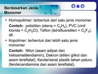 Berdasarkan Jenis
Monomer

X



 Homopolimer: terbentuk dari satu jenis monomer
Contoh: polietilen (etena = C2H4), PVC (vinil
klorida = C2H3Cl), Teflon (tetrafluoretilen = C2F4),
dll.
 Kopolimer: terbentuk dari lebih satu jenis
monomer
Contoh: Nilon (asam adipat dan
heksametilendiamin), Dakron (etilen glikol dan
asam tereftalat), Kevlar/serat plastik tahan peluru
(fenilenandiamina dan asam tereftalat).

 