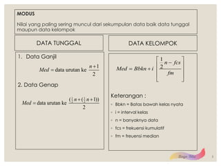 MODUS
Nilai yang paling sering muncul dari sekumpulan data baik data tunggal
maupun data kelompok
DATA TUNGGAL
1. Data Ganjil
2. Data Genap
DATA KELOMPOK
Keterangan :
◦ Bbkn = Batas bawah kelas nyata
◦ i = interval kelas
◦ n = banyaknya data
◦ fcs = frekuensi kumulatif
◦ fm = freuensi median
5
1
data urutan ke
2
n
Med
+
=
1 1
2 2
( ( 1))
data urutan ke
2
n n
Med
+ +
=
1
2
n fcs
Med Bbkn i
fm
 
−
 
= +  
 
 
 