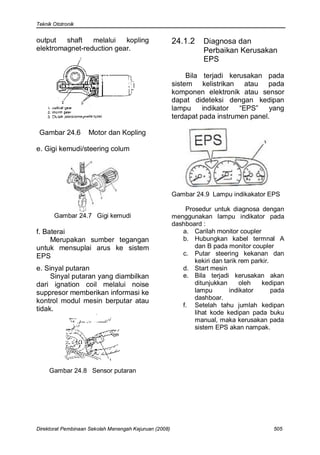 Teknik Ototronik


output   shaft   melalui   kopling                      24.1.2     Diagnosa dan
elektromagnet-reduction gear.                                      Perbaikan Kerusakan
                                                                   EPS

                                                             Bila terjadi kerusakan pada
                                                        sistem kelistrikan atau pada
                                                        komponen elektronik atau sensor
                                                        dapat dideteksi dengan kedipan
                                                        lampu     indikator  “EPS”    yang
                                                        terdapat pada instrumen panel.

 Gambar 24.6        Motor dan Kopling

e. Gigi kemudi/steering colum




                                                        Gambar 24.9 Lampu indikakator EPS

                                                            Prosedur untuk diagnosa dengan
       Gambar 24.7 Gigi kemudi                          menggunakan lampu indikator pada
                                                        dashboard :
f. Baterai                                                 a. Carilah monitor coupler
     Merupakan sumber tegangan                             b. Hubungkan kabel termnal A
untuk mensuplai arus ke sistem                                 dan B pada monitor coupler
EPS                                                        c. Putar steering kekanan dan
                                                               kekiri dan tarik rem parkir.
e. Sinyal putaran                                          d. Start mesin
     Sinyal putaran yang diambilkan                        e. Bila terjadi kerusakan akan
dari ignation coil melalui noise                               ditunjukkan      oleh   kedipan
suppresor memberikan informasi ke                              lampu        indikator       pada
                                                               dashboar.
kontrol modul mesin berputar atau
                                                           f. Setelah tahu jumlah kedipan
tidak.                                                         lihat kode kedipan pada buku
                                                               manual, maka kerusakan pada
                                                               sistem EPS akan nampak.




     Gambar 24.8 Sensor putaran




Direktorat Pembinaan Sekolah Menengah Kejuruan (2008)                                       505
 