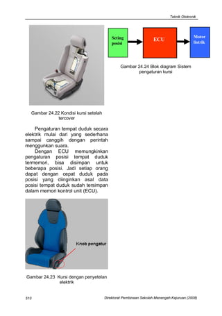 Teknik Ototronik




                                           Seting                                         Motor
                                                                   ECU                    listrik
                                           posisi




                                                Gambar 24.24 Blok diagram Sistem
                                                        pengaturan kursi




  Gambar 24.22 Kondisi kursi setelah
              tercover

    Pengaturan tempat duduk secara
elektrik mulai dari yang sederhana
sampai canggih dengan perintah
menggunkan suara.
    Dengan ECU memungkinkan
pengaturan posisi tempat duduk
termemori, bisa disimpan untuk
beberapa posisi. Jadi setiap orang
dapat dengan cepat duduk pada
posisi yang diinginkan asal data
posisi tempat duduk sudah tersimpan
dalam memori kontrol unit (ECU).




Gambar 24.23 Kursi dengan penyetelan
              elektrik


510                                    Direktorat Pembinaan Sekolah Menengah Kejuruan (2008)
 