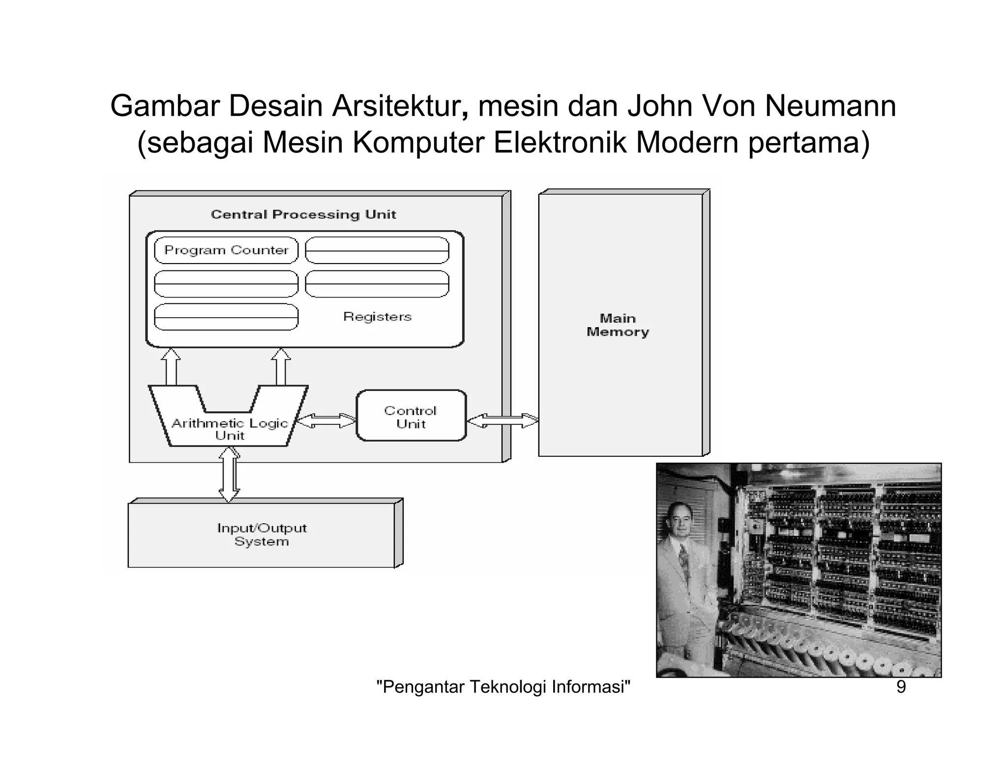 "Pengantar Teknologi Informasi" 9
Gambar Desain Arsitektur, mesin dan John Von Neumann
(sebagai Mesin Komputer Elektronik Modern pertama)
 