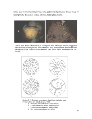 40
terlaut akan membentuk inklusi-inklusi halus pada mineral pelarutnya. Inklusi-inklusi ini
kadang teratur dan sejajar, kadang brlembar, kadang tidak teratur.
Gambar 3.10. Kanan: Memperlihatkan kenampakan foto mikroskopis tekstur penggantian
mineral kovelit pada bagian tepi mineral kalkopirit. Kiri: memperlihatkan kenampakan foto
mikroskopis tekstur exolution mineral kalkopirit pada tubuh sfalerit (perbesaran 40x. Lok.
Ciemas).
Gambar 3.11. Beberapa kenampakan khas tekstur exolution pada
mineral sulfide dan okksida (Evans, 1993).
a) Pemilahan mineral hematite dalam ilmenit
b) Exolution lembaran ilmenit dalam magnetit
c) Exolution butiran kalkopirit dalam sfalerit
d) Rim exolution pendlandit dari pirhotit
 