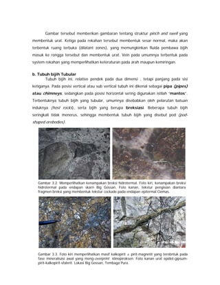 33
Gambar tersebut memberikan gambaran tentang struktur pinch and swell yang
membentuk urat. Ketiga pada rekahan tersebut membentuk sesar normal, maka akan
terbentuk ruang terbuka (dilatant zones), yang memungkinkan fluida pembawa bijih
masuk ke rongga tersebut dan membentuk urat. Vein pada umumnya terbentuk pada
system rekahan yang memperlihatkan keteraturan pada arah maupun kemiringan.
b. Tubuh bijih Tubular
Tubuh bijih ini, relative pendek pada dua dimensi , tetapi panjang pada sisi
ketiganya. Pada posisi vertical atau sub vertical tubuh ini dikenal sebagai pipa (pipes)
atau chimneys, sedangkan pada posisi horizontal sering digunakan istilah “mantos”.
Terbentuknya tubuh bijih yang tubular, umumnya disebabkan oleh pelarutan batuan
induknya (host rocks), serta bijih yang berupa breksiasi. Beberapa tubuh bijih
seringkali tidak menerus, sehingga membentuk tubuh bijih yang disebut pod (pod-
shaped orebodies).
Gambar 3.2. Memperlihatkan kenampakan breksi hidrotermal. Foto kiri, kenampakan breksi
hidrotermal pada endapan skarn Big Gossan. Foto kanan, tekstur pengisian diantara
fragmen breksi yang membentuk tekstur cockade pada endapan epitermal Ciemas.
Gambar 3.3. Foto kiri memperlihatkan masif kalkopirit ± pirit-magnetit yang terebntuk pada
fase mineralisasi awal yang meng-overprint klinopiroksen. Foto kanan urat epidot-gipsum-
pirit-kalkopirit-sfalerit. Lokasi Big Gossan, Tembaga Pura.
 