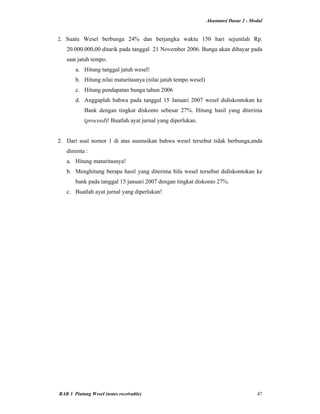 Akuntansi Dasar 2 - Modul
BAB 3 Piutang Wesel (notes receivable) 47
2. Suatu Wesel berbunga 24% dan berjangka waktu 150 hari sejumlah Rp.
20.000.000,00 ditarik pada tanggal 21 November 2006. Bunga akan dibayar pada
saat jatuh tempo.
a. Hitung tanggal jatuh wesel!
b. Hitung nilai maturitasnya (nilai jatuh tempo wesel)
c. Hitung pendapatan bunga tahun 2006
d. Anggaplah bahwa pada tanggal 15 Januari 2007 wesel didiskontokan ke
Bank dengan tingkat diskonto sebesar 27%. Hitung hasil yang diterima
(proceed)! Buatlah ayat jurnal yang diperlukan.
2. Dari soal nomor 1 di atas asumsikan bahwa wesel tersebut tidak berbunga,anda
diminta :
a. Hitung maturitasnya!
b. Menghitung berapa hasil yang diterima bila wesel tersebut didiskontokan ke
bank pada tanggal 15 januari 2007 dengan tingkat diskonto 27%.
c. Buatlah ayat jurnal yang diperlukan!
 