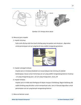25




                                                                                                                                             
 
                                                 Gambar 3.4. Pompa aliran aksial 
 
B. Menurut jenis impeler 
    1. Impeler tertutup 
        Sudu‐sudu ditutup oleh dua buah dinding yang merupakan satu kesatuan , digunakan 
        untuk pemompaan zat cair yang bersih atau sedikit mengandung kotoran. 




                                                                                                            
    2. Impeler setengah terbuka 
        Impeler jenis ini terbuka disebelah sisi masuk (depan) dan tertutup di sebelah 
        belakangnya. Sesuai untuk memompa zat cair yang sedikit mengandung kotoran misalnya 
        : air yang mengandung pasir, zat cair yang mengauskan, slurry, dll 
    3. Impeler terbuka 
        Impeler jenis ini tidak ada dindingnya di depan maupun di belakang. Bagian belakang ada 
        sedikit dinding yang disisakan untuk memperkuat sudu. Jenis ini banyak digunakan untuk 
        pemompaan zat cair yang banyak mengandung kotoran.  
 
C. Menurut bentuk rumah 


Bahan Ajar Pompa & Kompresor                                                                                              Sri Utami Handayani, ST,MT 
 