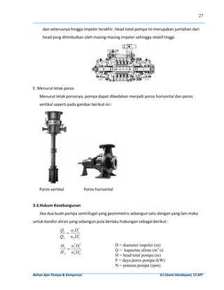 27


         dan seterusnya hingga impeler terakhir. Head total pompa ini merupakan jumlahan dari 
         head yang ditimbulkan oleh masing‐masing impeler sehingga relatif tinggi. 




                                                                                                            
E. Menurut letak poros 
     Menurut letak porosnya, pompa dapat dibedakan menjadi poros horisontal dan poros 
     vertikal seperti pada gambar berikut ini : 




                                                                               
     Poros vertikal                    Poros horisontal 
      
3.3.Hukum Kesebangunan 
     Jika dua buah pompa sentrifugal yang geommetris sebangun satu dengan yang lain maka 
untuk kondisi aliran yang sebangun pula berlaku hubungan sebagai berikut : 
                       Q1 n1 D13
                         =     3
                       Q2 n 2 D2

                        H 1 n12 D12                                    D = diameter impeler (m)
                           = 2 2                                       Q = kapasitas aliran (m3/s)
                        H 2 n 2 D2
                                                                       H = head total pompa (m)
                                                                       P = daya poros pompa (kW)
                                                                       N = putaran pompa (rpm)

Bahan Ajar Pompa & Kompresor                                                                                              Sri Utami Handayani, ST,MT 
 