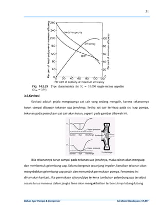 31




                                                                                                                        
3.6.Kavitasi 
        Kavitasi  adalah  gejala  menguapnya  zat  cair  yang  sedang  mengalir,  karena  tekanannya 
turun  sampai  dibawah  tekanan  uap  jenuhnya.  Ketika  zat  cair  terhisap  pada  sisi  isap  pompa, 
tekanan pada permukaan zat cair akan turun, seperti pada gambar dibawah ini.  




                                                                                                              
        Bila tekanannya turun sampai pada tekanan uap jenuhnya, maka cairan akan menguap 
dan membentuk gelembung uap. Selama bergerak sepanjang impeler, kenaikan tekanan akan 
menyebabkan gelembung uap pecah dan menumbuk permukaan pompa. Fenomena ini 
dinamakan kavitasi. Jika permukaan saluran/pipa terkena tumbukan gelembung uap tersebut 
secara terus menerus dalam jangka lama akan mengakibatkan terbentuknya lubang‐lubang 




Bahan Ajar Pompa & Kompresor                                                                                              Sri Utami Handayani, ST,MT 
 