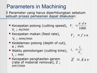 Parameters in Machining
 Kecepatan potong (cutting speed),
Vc
; m/min
 Kecepatan makan (feed rate),
Vf
; mm/min
 Kedalaman potong (depth of cut),
a ; mm
 Waktu pemotongan (cutting time),
tc
; min
 Kecepatan penghasilan geram
(rate of material removal), Z ;
cm3
/min
1000
n
d
Vc


n
x
f
Vf 
f
t
c
V
l
t 
v
x
A
Z 
5 Parameter yang harus diperhitungkan sebelum
sebuah proses pemesinan dapat dilakukan:
 