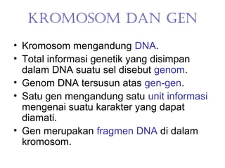 KROMOSOM DAN GEN
• Kromosom mengandung DNA.
• Total informasi genetik yang disimpan
dalam DNA suatu sel disebut genom.
• Genom DNA tersusun atas gen-gen.
• Satu gen mengandung satu unit informasi
mengenai suatu karakter yang dapat
diamati.
• Gen merupakan fragmen DNA di dalam
kromosom.
 