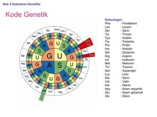 Kode Genetik
Bab 3 Substansi Genetika
Keterangan:
Phe : Fenilalanin
Leu : Leusin
Ser : Serin
Tyr : Tirosin
Cys : Sistein
Trp : Triptofan
Pro : Prolin
His : Histidin
Gln : Glutamin
Arg : Arginin
Ice : Isoleusin
Met : Metionin
Thr : Treonin
Asn : Asparagin
Lys : Lisin
Ser : Serin
Val : Valin
Ala : Alanin
Asp : Asam aspartat
Glu : Asam glutamat
Gly : Glisin
 