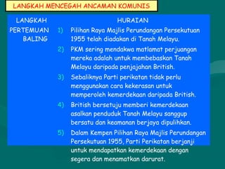 LANGKAH MENCEGAH ANCAMAN KOMUNIS
LANGKAH HURAIAN
PERTEMUAN
BALING
1) Pilihan Raya Majlis Perundangan Persekutuan
1955 telah diadakan di Tanah Melayu.
2) PKM sering mendakwa matlamat perjuangan
mereka adalah untuk membebaskan Tanah
Melayu daripada penjajahan British.
3) Sebaliknya Parti perikatan tidak perlu
menggunakan cara kekerasan untuk
memperoleh kemerdekaan daripada British.
4) British bersetuju memberi kemerdekaan
asalkan penduduk Tanah Melayu sanggup
bersatu dan keamanan berjaya dipulihkan.
5) Dalam Kempen Pilihan Raya Majlis Perundangan
Persekutuan 1955, Parti Perikatan berjanji
untuk mendapatkan kemerdekaan dengan
segera dan menamatkan darurat.
 