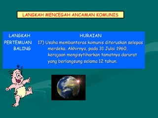 LANGKAH MENCEGAH ANCAMAN KOMUNIS
LANGKAH HURAIAN
PERTEMUAN
BALING
17) Usaha membanteras komunis diteruskan selepas17) Usaha membanteras komunis diteruskan selepas
merdeka. Akhirnya, pada 31 Julai 1960,merdeka. Akhirnya, pada 31 Julai 1960,
kerajaan mengisytiharkan tamatnya daruratkerajaan mengisytiharkan tamatnya darurat
yang berlangsung selama 12 tahun.yang berlangsung selama 12 tahun.
 