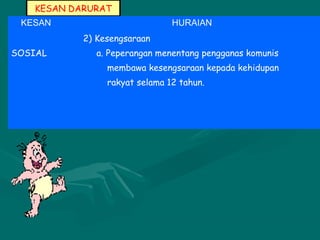 KESAN DARURAT
KESAN HURAIAN
SOSIAL
2) Kesengsaraan
a. Peperangan menentang pengganas komunis
membawa kesengsaraan kepada kehidupan
rakyat selama 12 tahun.
 