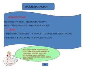 MAJLIS BAHAGIAN
RESIDEN,PENOLONG RESIDEN,PENOLONG
PEGAWAI DAERAH, PEGAWAI ANAK NEGERI
TUJUAN
⇒ MENASIHATI RESIDEN ⇒ MENGETUAI OPERASI KETENTERAAN
⇒ MENJAGA KEAMANAN ⇒ MENGUTIP CUKAI
KEANGGOTAAN
BAGI MELICINKAN PENTADBIRAN
PERLUNYA BEBERAPA JABATAN DI
TUBUHKAN SEPERTI JABATAN
KEHAKIMAN, JABATAN POLIS,
JABATAN KASTAM DAN CUKAI, SERTA
PEJABAT POS
 