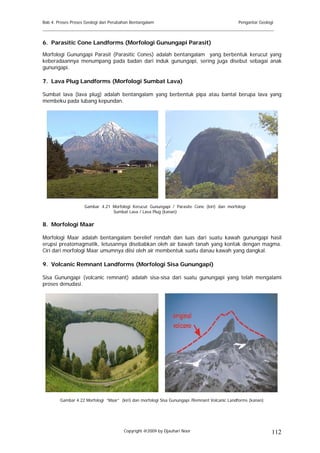 Bab 4. Proses Proses Geologi dan Perubahan Bentangalam                                         Pengantar Geologi
______________________________________________________________________________________

6. Parasitic Cone Landforms (Morfologi Gunungapi Parasit)

Morfologi Gunungapi Parasit (Parasitic Cones) adalah bentangalam yang berbentuk kerucut yang
keberadaannya menumpang pada badan dari induk gunungapi, sering juga disebut sebagai anak
gunungapi.

7. Lava Plug Landforms (Morfologi Sumbat Lava)

Sumbat lava (lava plug) adalah bentangalam yang berbentuk pipa atau bantal berupa lava yang
membeku pada lubang kepundan.




                    Gambar 4.21 Morfologi Kerucut Gunungapi / Parasite Cone (kiri) dan morfologi
                                Sumbat Lava / Lava Plug (kanan)


8. Morfologi Maar

Morfologi Maar adalah bentangalam berelief rendah dan luas dari suatu kawah gunungapi hasil
erupsi preatomagmatik, letusannya disebabkan oleh air bawah tanah yang kontak dengan magma.
Ciri dari morfologi Maar umumnya diisi oleh air membentuk suatu danau kawah yang dangkal.

9. Volcanic Remnant Landforms (Morfologi Sisa Gunungapi)

Sisa Gunungapi (volcanic remnant) adalah sisa-sisa dari suatu gunungapi yang telah mengalami
proses denudasi.




        Gambar 4.22 Morfologi “Maar” (kiri) dan morfologi Sisa Gunungapi /Remnant Volcanic Landforms (kanan)




                                       Copyright @2009 by Djauhari Noor                                        112
 