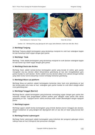 Bab 4. Proses Proses Geologi dan Perubahan Bentangalam                                            Pengantar Geologi
______________________________________________________________________________________




            Delta Mahakam di Kalimantan Timur                                    Delta Nile di Mesir

        Gambar 4.35 Morfologi Delta yang dipengaruhi oleh sungai (delta Mahakam, Kaltim dan delta Nile, Mesir)


2. Morfologi Tanjung

Morfologi Tanjung adalah bentangalam yang daratannya menjorok ke arah laut sedangkan bagian
kiri dan kanannya relatif sejajar dengan garis pantai.

3. Morfologi Teluk

Morfologi Teluk adalah bentangalam yang daratannya menjorok ke arah daratan sedangkan bagian
kiri dan kanan nya relatif sejajar dengan garis pantai.

4. Morfologi Stack dan Arches

Morfologi Stack adalah bentuk-bentuk bentangalam pantai yang berada di sekitar garis pantai
merupakan sisa-sisa daratan akibat kikisan/abrasi gelombang air laut dan mengakibatkan garis
pantai mundur ke arah daratan. Arches adalah sisa-sisa daratan akibat erosi (abrasi) dengan bentuk
yang tidak teratur karena batuannya resisten terhadap hantaman gelombang.

5. Morfologi Wave-cut platform

Morfologi Wave-cut platform adalah bentangalam berbentuk datar hasil erosi gelombang air laut
dan berada pada zona muka air laut, sedangkan garis pantai mundur ke arah darat sebagai akibat
erosi gelombang laut.

6. Morfologi Tanggul (Barrier)

Morfologi Barrier adalah bentangalam yang berbentuk memanjang sejajar dengan garis pantai dan
terbentuk sebagai hasil pengendapan partikel partikel pasir dibagian muka pantai oleh abrasi
gelombang air laut. Topografi barrier island umumnya lebih rendah dibandingkan dengan topografi
pantai.

7. Morfologi Lagoon

Morfologi Lagoon adalah bentuk bentangalam yang terletak diantara barrier (tanggul) dan daratan,
dengan kedalaman air yang dangkal dan dipengaruhi oleh air laut dan air tawar yang berasal dari
darat.

8. Morfologi Pantai submergent

Morfologi Pantai submergent adalah bentangalam yang terbentuk dari pengaruh gabungan antara
naiknya muka air laut (transgresi) dan penurunan cekungan.



                                       Copyright @2009 by Djauhari Noor                                           132
 