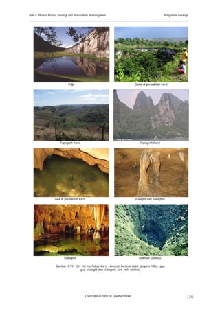 Bab 4. Proses Proses Geologi dan Perubahan Bentangalam                                             Pengantar Geologi
______________________________________________________________________________________




                            Polje                                           Ovala di perbukitan karst




                     Topografi Karst                                           Topografi Karst




                  Gua di perbukitan karst                                   Stalagtit dan Stalagmit




                        Stalagmit                                              Sinkhole (Dolina)

                  Gambar 4.39 Ciri ciri morfologi karst: kerucut kerucut bukit (pepino hills), gua
                                  gua, stalagtit dan stalagmit, sink hole (dolina).




                                        Copyright @2009 by Djauhari Noor                                           136
 