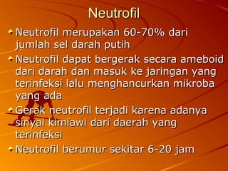 NeutrofilNeutrofil
Neutrofil merupakan 60-70Neutrofil merupakan 60-70% dari% dari
jumlah sel darah putihjumlah sel darah putih
Neutrofil dapat bergerak secara ameboidNeutrofil dapat bergerak secara ameboid
dari darah dan masuk ke jaringan yangdari darah dan masuk ke jaringan yang
terinfeksi lalu menghancurkan mikrobaterinfeksi lalu menghancurkan mikroba
yang adayang ada
Gerak neutrofil terjadi karena adanyaGerak neutrofil terjadi karena adanya
sinyal kimiawi dari daerah yangsinyal kimiawi dari daerah yang
terinfeksiterinfeksi
Neutrofil berumur sekitar 6-20 jamNeutrofil berumur sekitar 6-20 jam
 