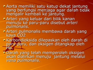 Aorta memiliki satu katup dekat jantungAorta memiliki satu katup dekat jantung
yang berfungsi menjaga agar darah tidakyang berfungsi menjaga agar darah tidak
mengalir kembali ke jantung.mengalir kembali ke jantung.
Arteri yang keluar dari bilik kananArteri yang keluar dari bilik kanan
menuju ke paru-paru disebutmenuju ke paru-paru disebut arteriarteri
pulmonalispulmonalis..
Arteri pulmonalis membawa darah yangArteri pulmonalis membawa darah yang
kaya CO2kaya CO2
Karbondioksida dilepaskan oleh darah diKarbondioksida dilepaskan oleh darah di
paru-paru, dan oksigen ditangkap olehparu-paru, dan oksigen ditangkap oleh
Hb.Hb.
Darah yang telah memperoleh oksigenDarah yang telah memperoleh oksigen
akan dialirkan menuju jantung melaluiakan dialirkan menuju jantung melalui
vena pulmonalisvena pulmonalis..
 