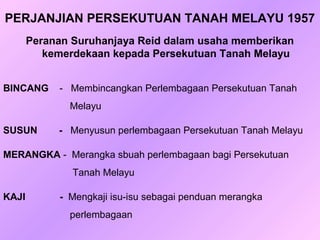 PERJANJIAN PERSEKUTUAN TANAH MELAYU 1957
       Peranan Suruhanjaya Reid dalam usaha memberikan
          kemerdekaan kepada Persekutuan Tanah Melayu


BINCANG     - Membincangkan Perlembagaan Persekutuan Tanah
              Melayu

SUSUN       - Menyusun perlembagaan Persekutuan Tanah Melayu

MERANGKA - Merangka sbuah perlembagaan bagi Persekutuan
               Tanah Melayu

KAJI        - Mengkaji isu-isu sebagai penduan merangka
              perlembagaan
 