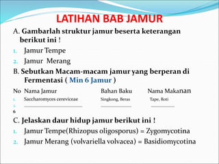 LATIHAN BAB JAMUR
A. Gambarlah struktur jamur beserta keterangan
berikut ini !
1. Jamur Tempe
2. Jamur Merang
B. Sebutkan Macam-macam jamur yang berperan di
Fermentasi ( Min 6 Jamur )
No Nama Jamur Bahan Baku Nama Makanan
1. Saccharomyces cereviceae Singkong, Beras Tape, Roti
2. ………………………………………………… ………………………... …………………..
6
C. Jelaskan daur hidup jamur berikut ini !
1. Jamur Tempe(Rhizopus oligosporus) = Zygomycotina
2. Jamur Merang (volvariella volvacea) = Basidiomycotina
 