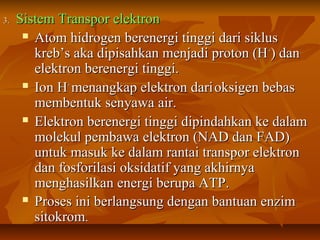 3.3. Sistem Transpor elektronSistem Transpor elektron
 Atom hidrogen berenergi tinggi dari siklusAtom hidrogen berenergi tinggi dari siklus
kreb’s aka dipisahkan menjadi proton (Hkreb’s aka dipisahkan menjadi proton (H++
) dan) dan
elektron berenergi tinggi.elektron berenergi tinggi.
 Ion HIon H++
menangkap elektron darimenangkap elektron darioksigen bebasoksigen bebas
membentuk senyawa air.membentuk senyawa air.
 Elektron berenergi tinggi dipindahkan ke dalamElektron berenergi tinggi dipindahkan ke dalam
molekul pembawa elektron (NAD dan FAD)molekul pembawa elektron (NAD dan FAD)
untuk masuk ke dalam rantai transpor elektronuntuk masuk ke dalam rantai transpor elektron
dan fosforilasi oksidatif yang akhirnyadan fosforilasi oksidatif yang akhirnya
menghasilkan energi berupa ATP.menghasilkan energi berupa ATP.
 Proses ini berlangsung dengan bantuan enzimProses ini berlangsung dengan bantuan enzim
sitokromsitokrom..
 