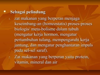  Sebagai pelindungSebagai pelindung
1.1. zat makanan yang berperan menjagazat makanan yang berperan menjaga
keseimbang-an (homeostatis) proses-proseskeseimbang-an (homeostatis) proses-proses
biologis/ meta-bolisme dalam tubuhbiologis/ meta-bolisme dalam tubuh
(mengatur kerja hormon, mengatur(mengatur kerja hormon, mengatur
pertumbuhan tulang, mempengaruhi kerjapertumbuhan tulang, mempengaruhi kerja
jantung, dan mengatur penghantaran impulsjantung, dan mengatur penghantaran impuls
pada sel-sel saraf).pada sel-sel saraf).
2.2. Zat makanan yang berperan yaitu protein,Zat makanan yang berperan yaitu protein,
vitamin, mineral dan airvitamin, mineral dan air
 