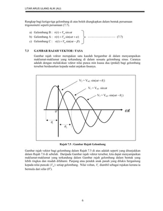 LITAR ARUS ULANG ALIK (AU)
6
Rangkap bagi ketiga-tiga gelombang di atas boleh diungkapkan dalam bentuk persamaan
trigonometri seperti persamaan (7.7).
a) Gelombang B : tVtv m sin)( 
b) Gelombang A : )sin()(   tVtv m (7.7)
c) Gelombang C : )sin()(   tVtv m
7.3 GAMBAR RAJAH VEKTOR / FASA
Gambar rajah vektor merupakan satu kaedah bergambar di dalam menyampaikan
maklumat-maklumat yang terkandung di dalam sesuatu gelombang sinus. Caranya
adalah dengan melukiskan vektor nilai punca min kuasa dua (pmkd) bagi gelombang
tersebut berdasarkan kepada sudut anjakan fasanya.
V2 = Vm2 )sin( 1 t
V1 = Vm1 tsin
V3 = Vm3 )sin( 2 t
0o t
1
2
Rajah 7.5 : Gambar Rajah Gelombang
Gambar rajah vektor bagi gelombang dalam Rajah 7.5 di atas adalah seperti yang ditunjukkan
dalam Rajah 7.6 di sebelah. Daripada Gambar rajah vektor tersebut, kita dapat menyampaikan
maklumat-maklumat yang terkandung dalam Gambar rajah gelombang dalam bentuk yang
lebih ringkas dan mudah difahami. Panjang atau pendek anak panah yang dilukis bergantung
kepada nilai puncak ( )mV setiap gelombang. Nilai voltan, 1V diambil sebagai rujukan kerana ia
bermula dari sifar (0o
).
 