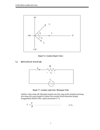 LITAR ARUS ULANG ALIK (AU)
7
90o
2V
1 1V
180o
0o
2
3V
270o
Rajah 7.6 : Gambar Rajah Vektor
7.4 RINTANGAN TULIN (R)
R
I
+ RV -
V
Rajah 7.7 : Gambar rajah Litar Rintangan Tulin
Apabila voltan ulang alik dikenakan kepada satu litar yang terdiri daripada perintang,
arus ulang alik yang mengalir di dalam litar tersebut boleh ditentukan dengan
menggunakan Hukum Ohm, seperti persamaan (7.7).
R
V
I  (7.7)
 