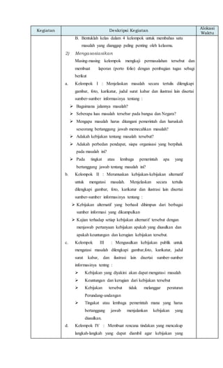 Kegiatan Deskripsi Kegiatan
Alokasi
Waktu
B. Bentuklah kelas dalam 4 kelompok untuk membahas satu
masalah yang dianggap paling penting oleh kelasmu.
2) Mengasosiasikan
Masing-masing kelompok mengkaji permasalahan tersebut dan
membuat laporan (porto folio) dengan pembagian tugas sebagi
berikut
a. Kelompok I : Menjelaskan masalah secara tertulis dilengkapi
gambar, foto, karikatur, judul surat kabar dan ilustrasi lain disertai
sumber-sumber informasinya tentang :
 Bagaimana jalannya masalah?
 Seberapa luas masalah tersebar pada bangsa dan Negara?
 Mengapa masalah harus ditangani pemerintah dan haruskah
seseorang bertanggung jawab memecahkan masalah?
 Adakah kebijakan tentang masalah tersebut?
 Adakah perbedan pendapat, siapa organisasi yang berpihak
pada masalah ini?
 Pada tingkat atau lembaga pemerintah apa yang
bertanggung jawab tentang masalah ini?
b. Kelompok II : Merumuskan kebijakan-kebijakan alternatif
untuk mengatasi masalah. Menjelaskan secara tertulis
dilengkapi gambar, foto, karikatur dan ilustrasi lain disertai
sumber-sumber informasinya tentang :
 Kebijakan alternatif yang berhasil dihimpun dari berbagai
sumber informasi yang dikumpulkan
 Kajian terhadap setiap kebijakan alternatif tersebut dengan
menjawab pertanyaan kebijakan apakah yang diusulkan dan
apakah keuntungan dan kerugian kebijakan tersebut.
c. Kelompok III : Mengusulkan kebijakan publik untuk
mengatasi masalah dilengkapi gambar,foto, karikatur, judul
surat kabar, dan ilustrasi lain disertai sumber-sumber
informasinya tentng :
 Kebijakan yang diyakini akan dapat mengatasi masalah
 Keuntungan dan kerugian dari kebijakan tersebut
 Kebijakan tersebut tidak melanggar peraturan
Perundang-undangan
 Tingakat atau lembaga pemerintah mana yang harus
bertanggung jawab menjalankan kebijakan yang
diusulkan.
d. Kelompok IV : Membuat rencana tindakan yang mencakup
langkah-langkah yang dapat diambil agar kebijakan yang
 