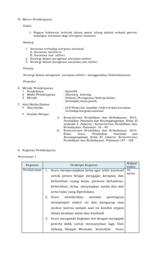 D. Materi Pembelajaran
Fakta
1. Negara Indonesia terletak dalam posisi silang adalah sebuah potensi
sekaligus ancaman bagi intergrasi nasional
Konsep
1. Ancaman terhadap integrasi nasional
A. Ancaman minlitera.
B. Ancaman non militer
2. Strategi dalam mengatasi ancaman militer
3. Strategi dalam mengatasi ancaman non militer
Prinsip
Strategi dalam mengatasi ancaman militer menggunakan Sishankamrata
Prosedur
E. Metode Pembelajaran
1. Pendekatan : Saintifik
2. Model Pembelajaran : Discovery learning,
3. Metode : Diskusi, Penugasan/ bekerja dalam
kelompok,tanya jawab.
F. Alat/Media/Bahan
 Alat/media : LCD Projector, Gambar /video terkait ancaman
terhadapintegrasi nasional
 Sumber Belajar :
1) Kementerian Pendidikan dan Kebudayaan. 2014.
Pendidikan Pancasila dan Kewarganegaraan, Kelas XI
semester 2. Jakarta/: Kementerian Pendidikan dan
Kebudayaan. Halaman: 18 - 40
2) Kementerian Pendidikan dan Kebudayaan. 2014.
Buku Guru Pendidikan Pancasila dan
Kewarganegaraan, Kelas XI. Jakarta: Kementerian
Pendidikan dan Kebudayaan. Halaman:147 - 168
G. Kegiatan Pembelajaran
Pertemuan 1
Kegiatan Deskripsi Kegiatan
Alokasi
waktu
Pendahuluan 1. Guru mempersiapkan kelas agar lebih kondusif
untuk proses belajar mengajar; kerapian dan
kebersihan ruang kelas, presensi (kehadiran,
kebersihan, kelas, menyiapkan media dan alat
serta buku yang diperlukan).
2. Guru memberikan motivasi pentingnya
mempelajari materi ini dan mengucap rasa
syukur karena sampai saat ini kondisi negara
dalam keadaan aman dan kondusif.
3. Guru mengawali kegiatan inti dengan mengajak
peserta didik untuk menyanyikan lagu Dari
Sabang Sampai Merauke, kemudian Guru
10
menit
 