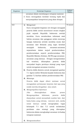 Kegiatan Deskripsi Kegiatan
Alokasi
Waktu
ancaman dalam membangun integrasi nasional.
3. Guru menegaskan kembali tentang topik dan
menyampaikan kompetensi yang akan dicapai.
Inti 1. Mengamati
Guru mengawali kegiatan inti dengan mengajak
peserta didik untuk menelusuri secara singkat
jejak sejarah Republik Indonesia setelah
merdeka. Guru memberikan informasi awal
bahwa ancaman dan gangguan selalu menerpa
bangsa Indonesia setelah merdeka mulai dari
ancaman dari Belanda yang ingin kembali
menjajah Indonesia, ancaman-ancaman
separatisme dalam wujud pemberontakan-
pemberontakan seperti pemberontakan PKI,
Republik Maluku Selatan, DI/TII juga ancaman-
ancaman yang lainnya. Dengan mengutarakan
hal tersebut, diharapkan peserta didik
menyadari begitu pentinya strategi yang tepat
untuk mengatasi ancaman tersebut.
2. Peserta didik diminta untuk mengamati gambar
7.1 Agresi militer Belanda kepada Indonesia dan
gambar 7.2 korban akibat pemberontakan PKI.
3. Menanya
Peserta didik dapat diberi motivasi untuk
mengajukan pertanyaan lanjutan dari apa yang
sudah mereka dengarkan atau amati.
4. Mengumpulkan Informasi
Jika dimungkinkan dalam proses
Mengumpulkan Informasi, peserta didik
dianjurkan untuk menambah sumber lain dari
buku-buku yang relevan, internet; web, media
sosial lainnya untuk mengerjakan tugas
kelompok 7.1 dan 7.2 untuk melakukan
penilaian atas strategi yang diterapkan
Indonesia dalam menghadapi ancaman terhadap
integrasi nasional.
5. Mengasosiasikan
75 menit
 