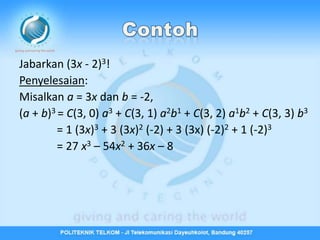 Jabarkan (3x - 2)3!
Penyelesaian:
Misalkan a = 3x dan b = -2,
(a + b)3 = C(3, 0) a3 + C(3, 1) a2b1 + C(3, 2) a1b2 + C(3, 3) b3
         = 1 (3x)3 + 3 (3x)2 (-2) + 3 (3x) (-2)2 + 1 (-2)3
         = 27 x3 – 54x2 + 36x – 8
 