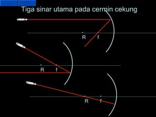 Tiga sinar utama pada cermin cekung


                  R    f




     R    f




                   R       f
 