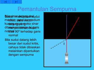 Pemantulan Sempurna
Bila sinar datang dari
Sudut i merupakan sudut
medium yaitu sudut
   kritis, rapat ke medium
kurang rapat maka sinar
   datang yang
dibiaskan menjauhi garis
   menyebabkan sudut
normal 90º terhadap garis
   bias
   normal
Bila sudut datang lebih
   besar dari sudut kritis,   i
   cahaya tidak dibiaskan
   melainkan dipantulkan
   dengan sempurna
 