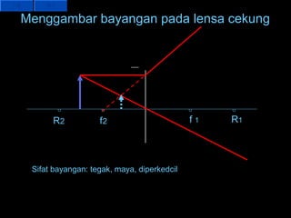 Menggambar bayangan pada lensa cekung


                            _



      R2           f2                       f1   R1




 Sifat bayangan: tegak, maya, diperkedcil
 